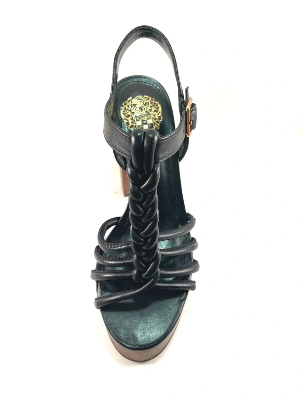 Vince Camuto Black Braided T-Strap Platform Sandal with Wood-Look Heel